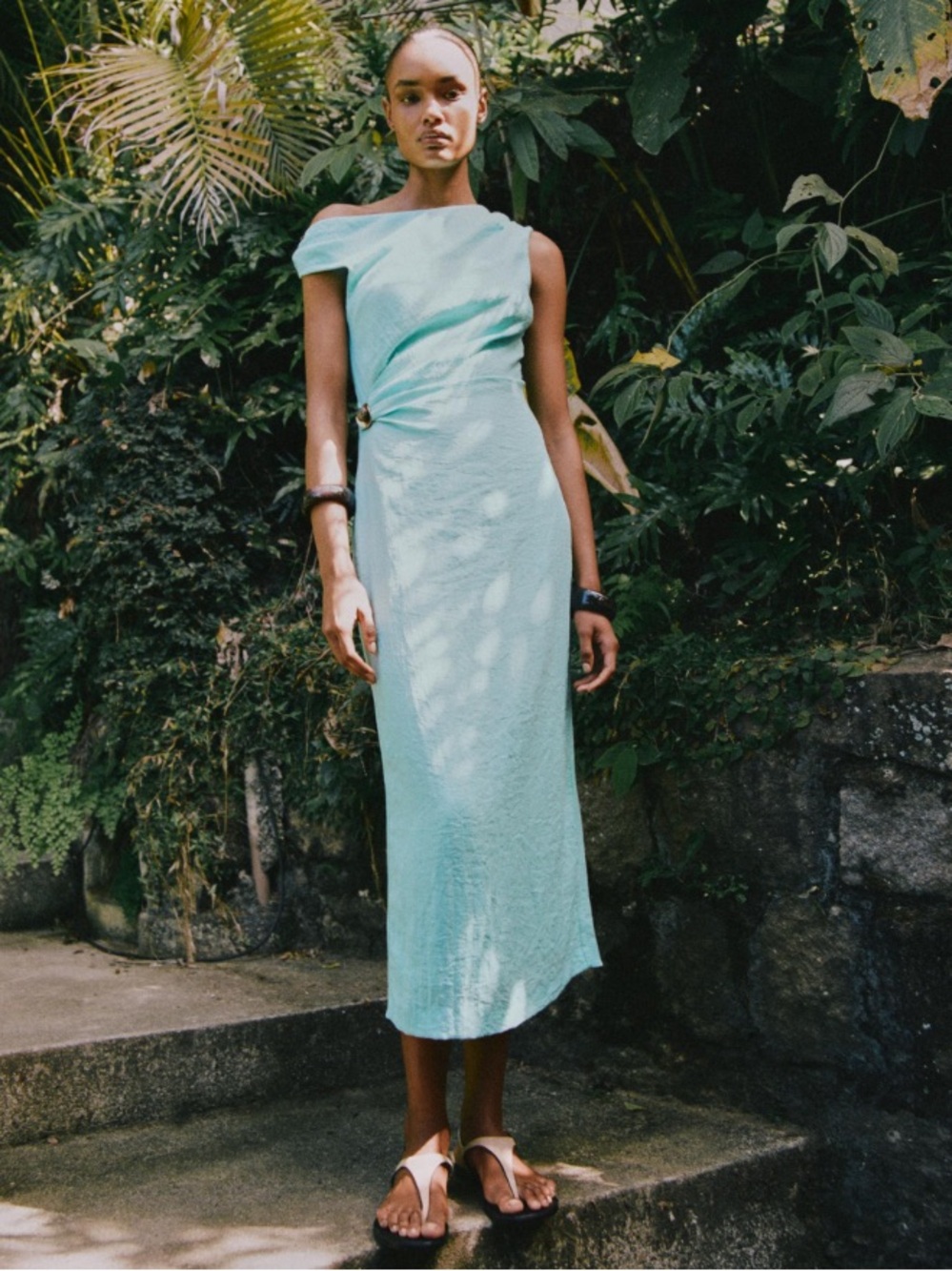 Zara NWT Midi linen Dress 
Medium Turquoise Asymmetric Gold Appliqué 8735/383